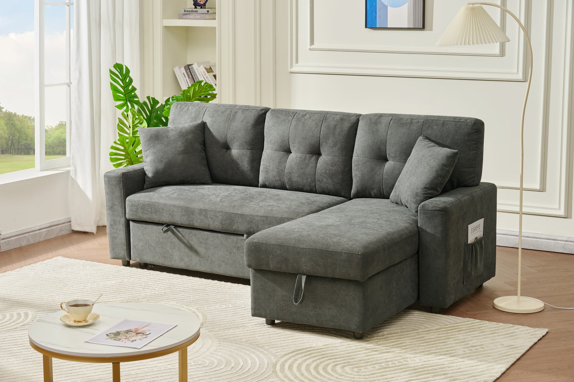 Sectional Sofa Bed L Shaped Sofa Couch Bed With Usb Port, Reversible Sofa Couch Sleeper With Pull Out Bed, Chaise With Storage, Pull Out Couch For Living Room Dark Gray Wood Fabric 3 Seat