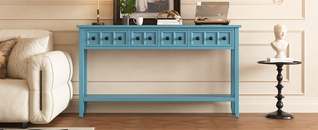 Rustic Entryway Console Table, 60" Long Sofa Table With Two Different Size Drawers And Bottom Shelf For Storage Turquoise Green Turquoise Green Solid Wood