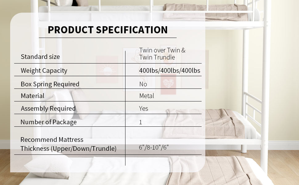 Heavy Duty Sturdy Meta Twin Over Twin With Trundle Bunk Bed L Noise Reduced Safety Guardrail No Box Spring Needed,White Box Spring Not Required Twin White Metal
