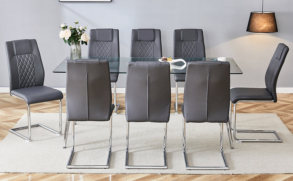 Table And Chair Set.Modern Rectangular Glass Dining Table With A Tempered Glass Tabletop And Silver Metal Legs, Paired With Multiple Chairs Designed With Pu Cushions And Silver Metal Legs. Gray Silver Seats 8 Tempered Glass