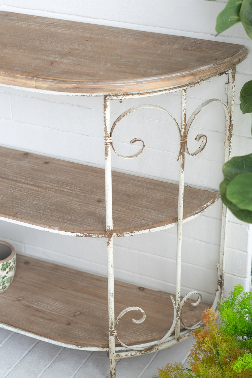 43.5X14X32" Three Tiered White Wooden Shelving Unit With Ornate Iron Frame Multicolor Antique,Boho,Farmhouse,French Country,Rustic Wood Metal