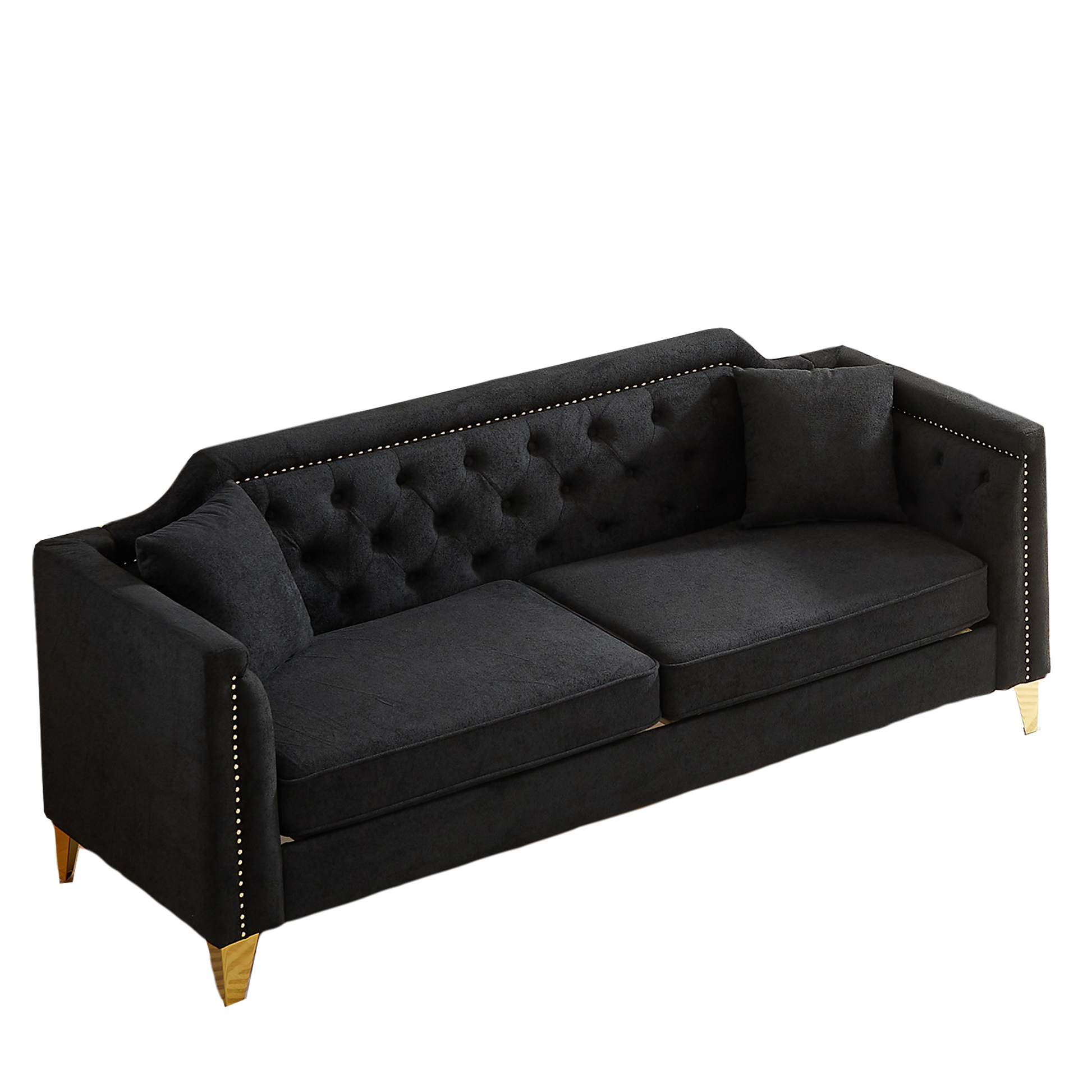 Fx81"Mid Century Design Modern Sofa,Chenille Pull Buckle Design Sofa For Living Room,Buttons Tufted With Copper Nail Decoration Armrest, With 2 Pillows,Modern Couch Upholstered Button And Metal Legs Black Chenille Pine Foam Fabric 3 Seat