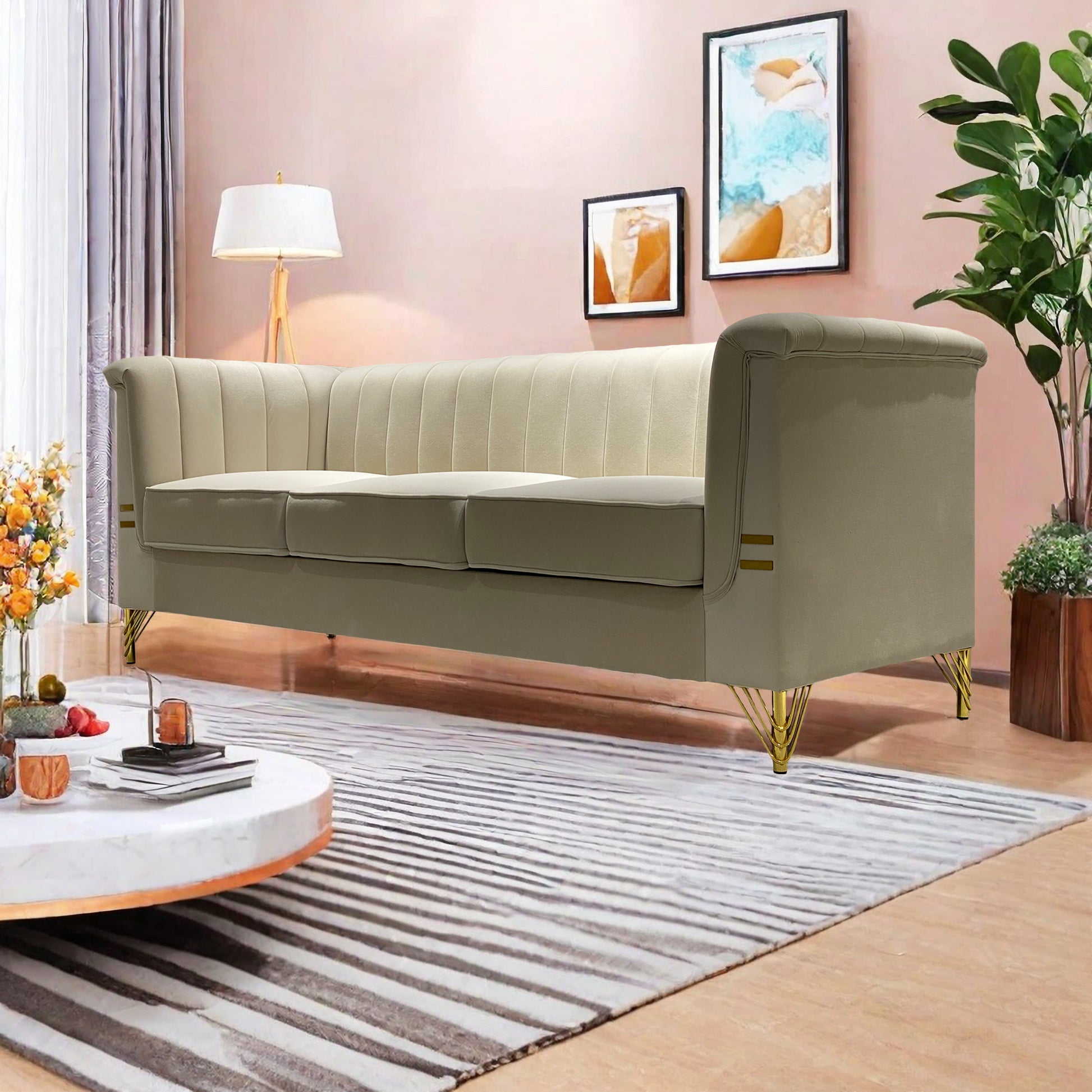 Fx P82 Be Sofa Modern Chenille Sofa, 82.67" Upholstered Couch With Bolster Armrest, 3 Seat Sofa For Living Room, Bedroom, Office, Apartment, Dorm, Beige Beige Velvet 3 Seat