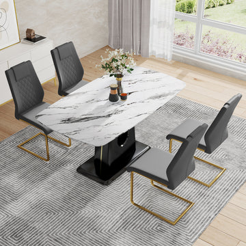 Table And Chair Set, Modern And Minimalist Dining Table, Imitation Marble Patterned Tabletop, Mdf Legs With U Shaped Brackets. Paired With Comfortable Chairs, Suitable For Dining And Living Rooms. Black Gold Mdf Glass
