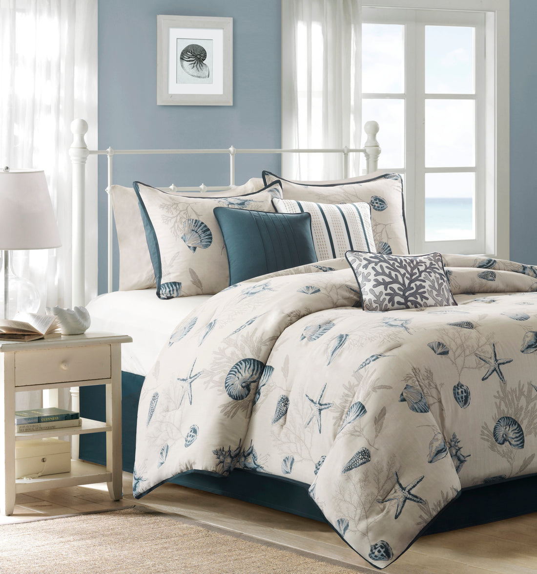 7 Piece Cotton Sateen Comforter Set Blue Queen Queen Blue Cotton