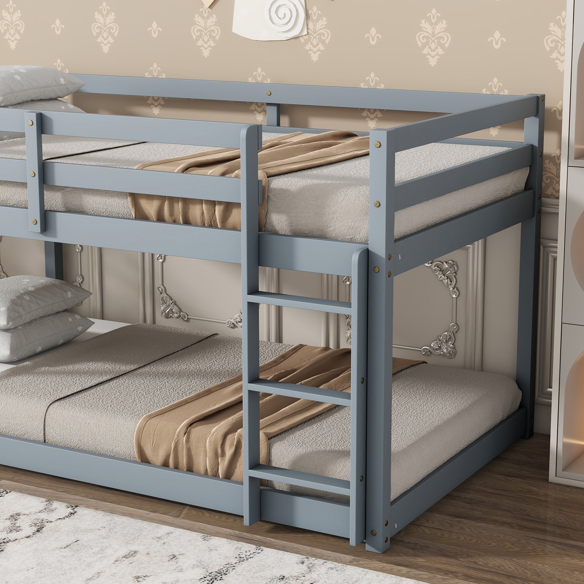 Solid Wooden, Solid Rubber Wooden Twin Over Twin Loft Bed With Ladder, With Bed Platform Of Strengthened Slatsgrey Twin Grey Rubber Wood