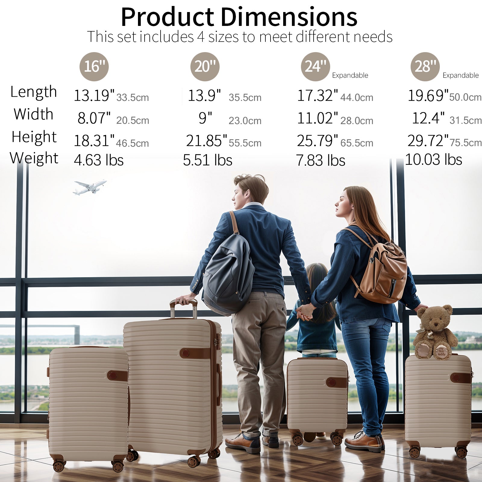 4 Piece Luggage Set Suitcase Set, Abs Hard Shell Lightweight Expandable Travel Luggage With 4 Packing Cubes, Tsa Lock, Spinner Wheels For Men Women 16 20 24 28 Khaki Abs