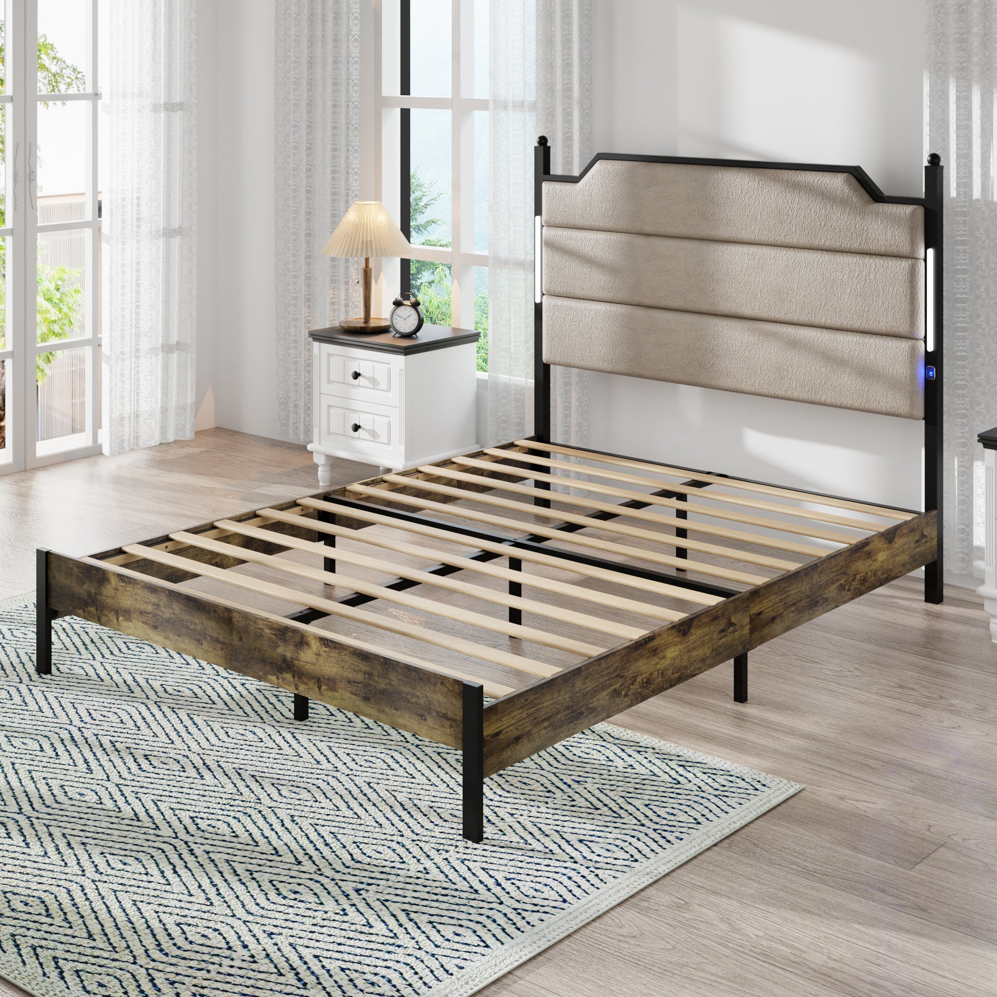 Queen Size Bed Frame With Upholstered Headboardqueen Bed Frame With Charging Station And Led Lights, Wood Slats, Easy Assembly,No Box Spring Needed,Industrial Brown Box Spring Not Required Queen Brown Metal Bedroom Modern Bed Frame Mdf Metal