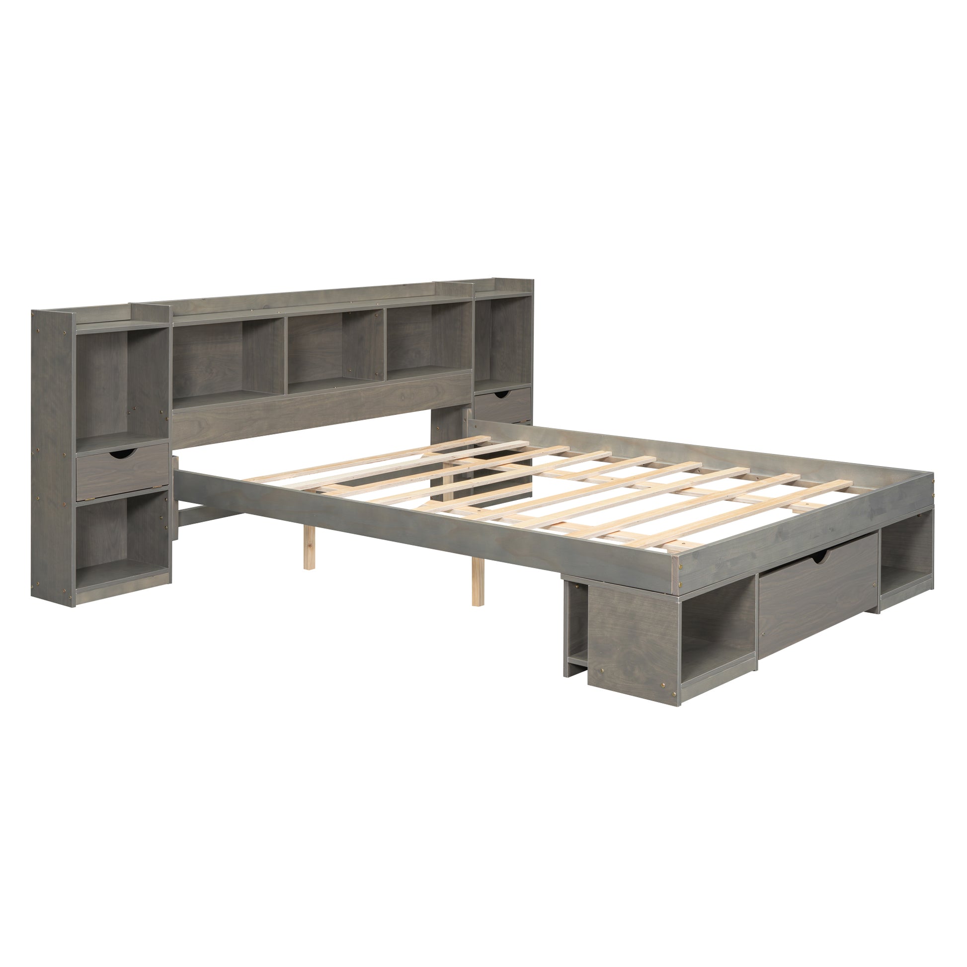 Queen Size Wood Platform Bed With Multi Storage Headboard And A Drawer, Gray Box Spring Not Required Queen Gray Wood Bedroom Bed Frame Solid Wood Mdf