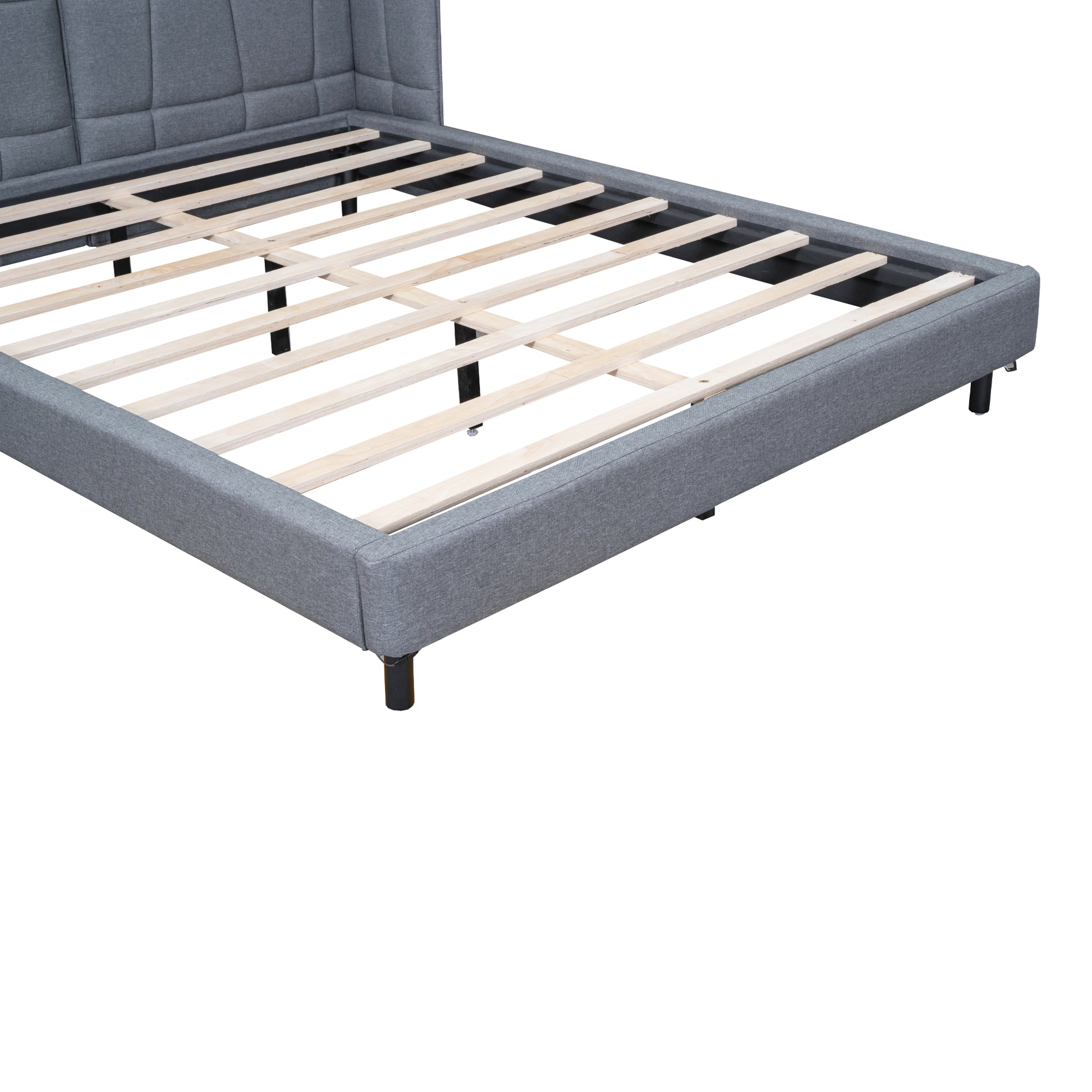 Queen Size Upholstered Platform Bed With Led Lights And U Shaped Headboard, Linen Fabric, Gray Queen Gray Wood Metal