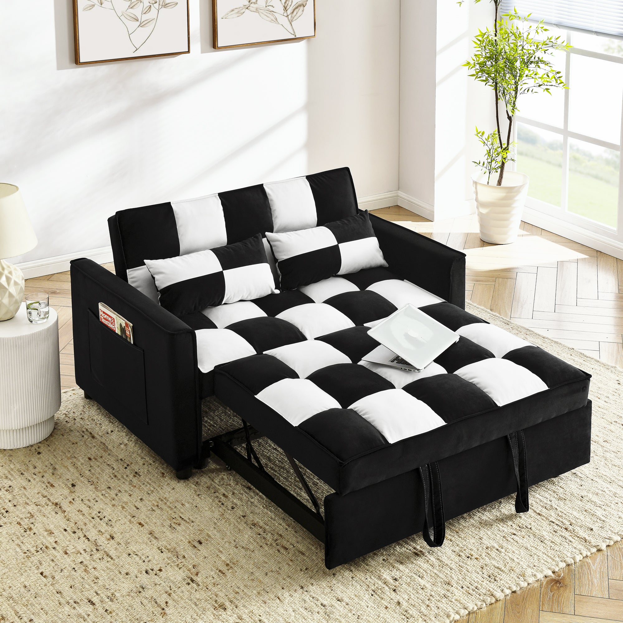 Modern Velvet Seat Sofa Couch Pull Out Bed,3 In One Convertible For Living Room Sofa Bed,Black White Black White Velvet Primary Living Space Cushion Back Medium Soft Medium Duty American Design Pillow Top Arms Foam Velvet 2 Seat