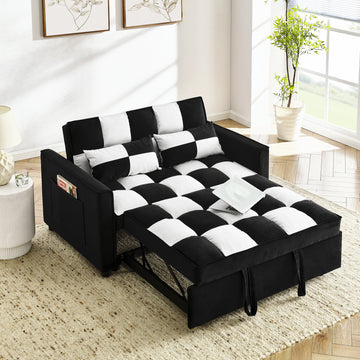 Modern Velvet Seat Sofa Couch Pull Out Bed,3 In One Convertible For Living Room Sofa Bed,Black White Black White Velvet Primary Living Space Cushion Back Medium Soft Medium Duty American Design Pillow Top Arms Foam Velvet 2 Seat