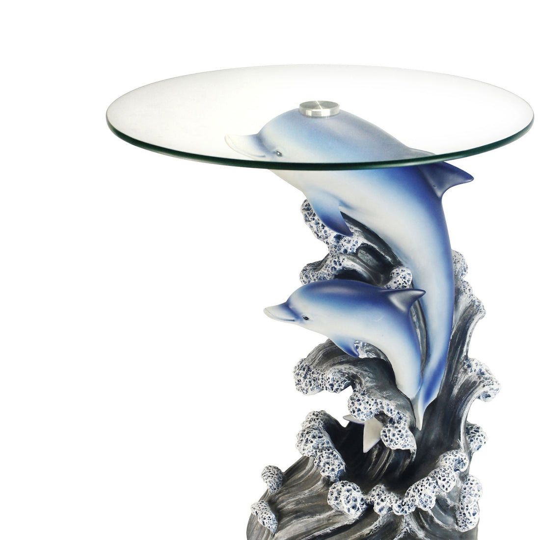 24" Tall Glass Top End Table, Polyresin Dolphin Base Multicolor Polyresin