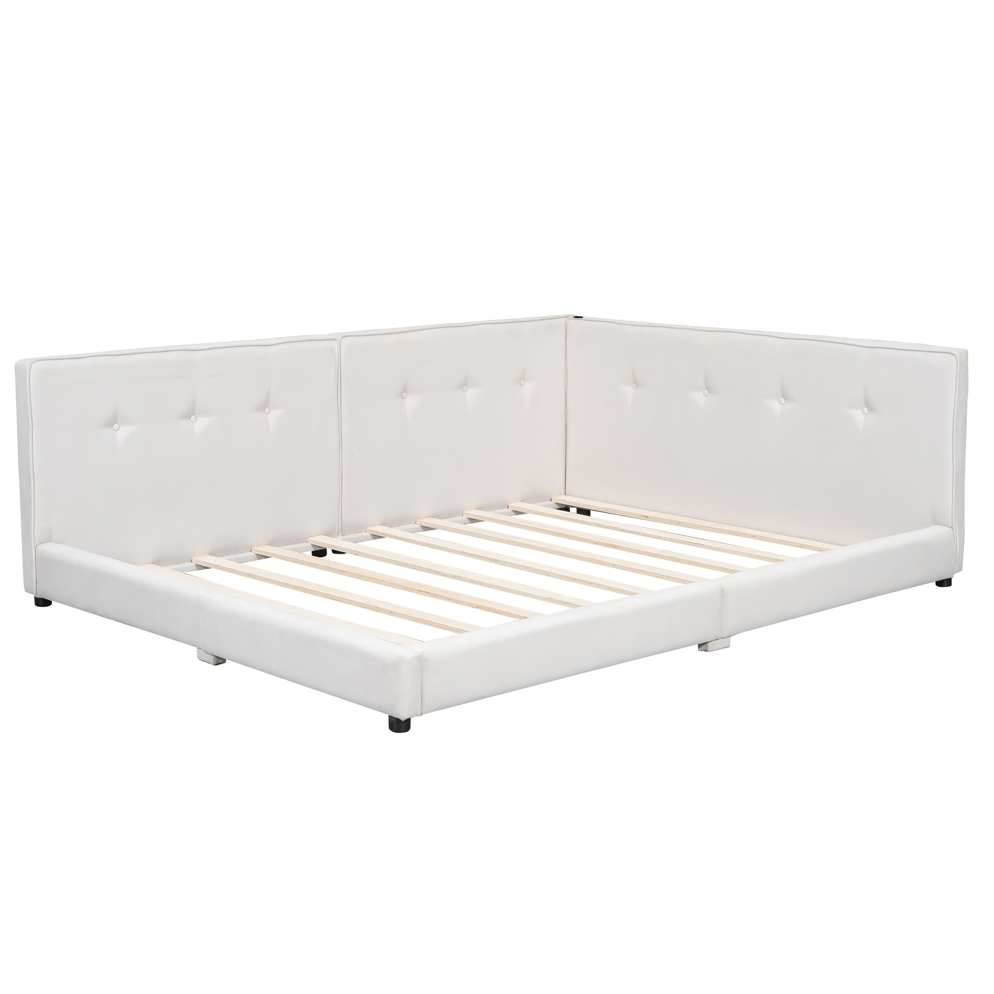 Upholstered Queen Size Platform Bed With Usb Ports, Beige Queen Box Spring Not Required Beige Linen