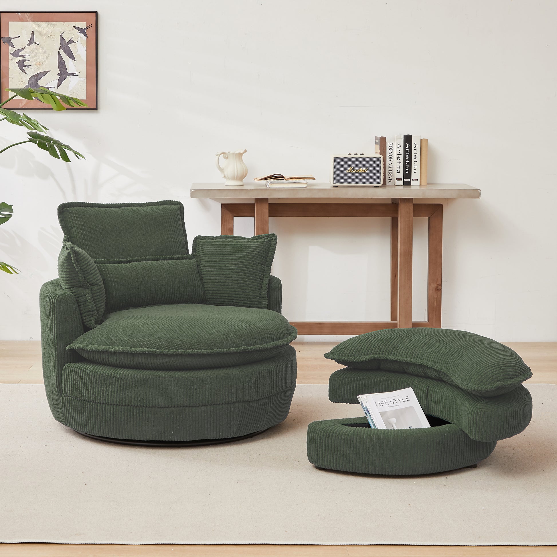 38"W Oversized Swivel Chair With Moon Storage Ottoman For Living Room, Modern Accent Round Loveseat Circle Swivel Barrel Chairs For Bedroom Cuddle Sofa Chair Lounger Armchair, 4 Pillows,Corduroy Green Foam Corduroy 1 Seat