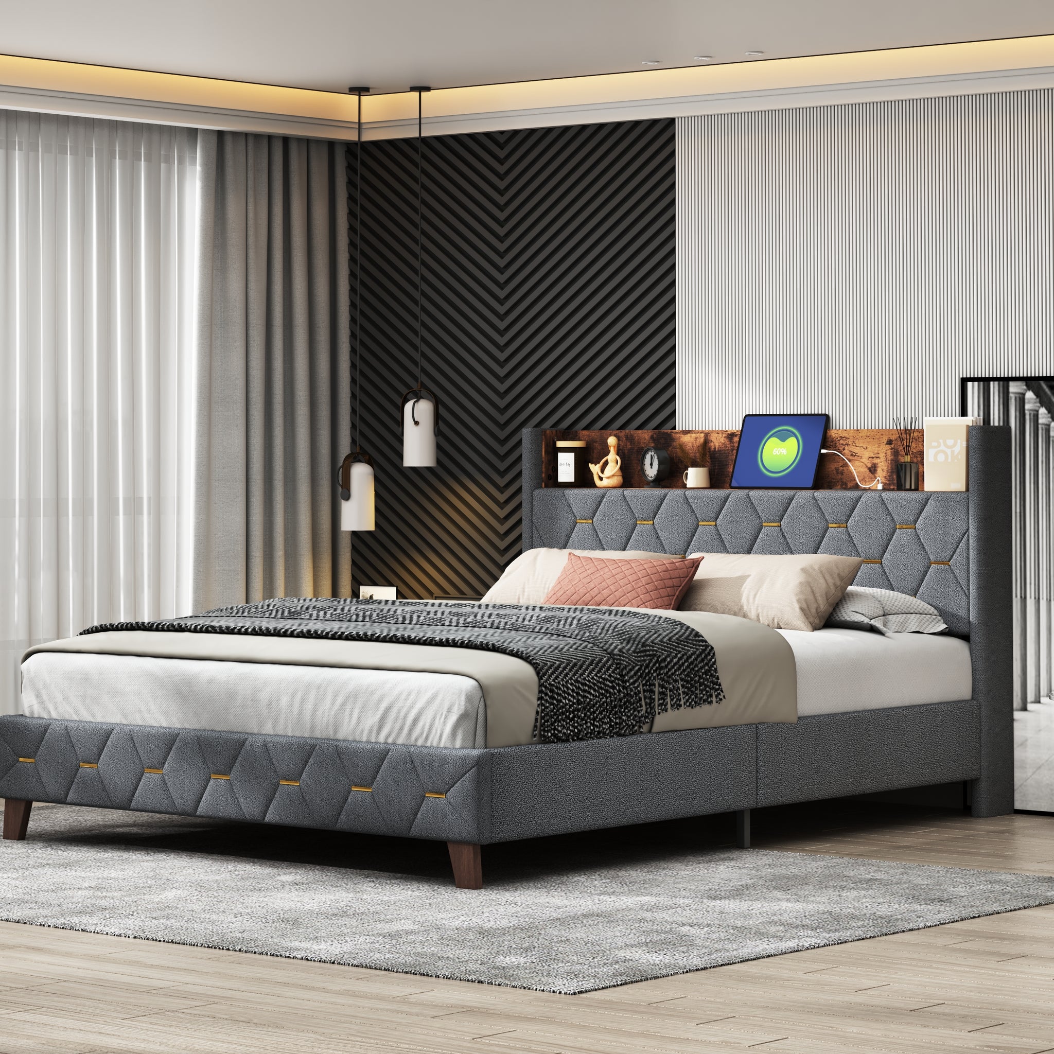 Gray Full Bed With Elegant Gold Metal Buttons, Built In Usb Ports, Phone Storage Pocket, And Spacious Headboard Shelving Sturdy Frame Supports Up To 300 Lbs,Mattress Not Included Box Spring Not Required Full Aqua Grey Abs