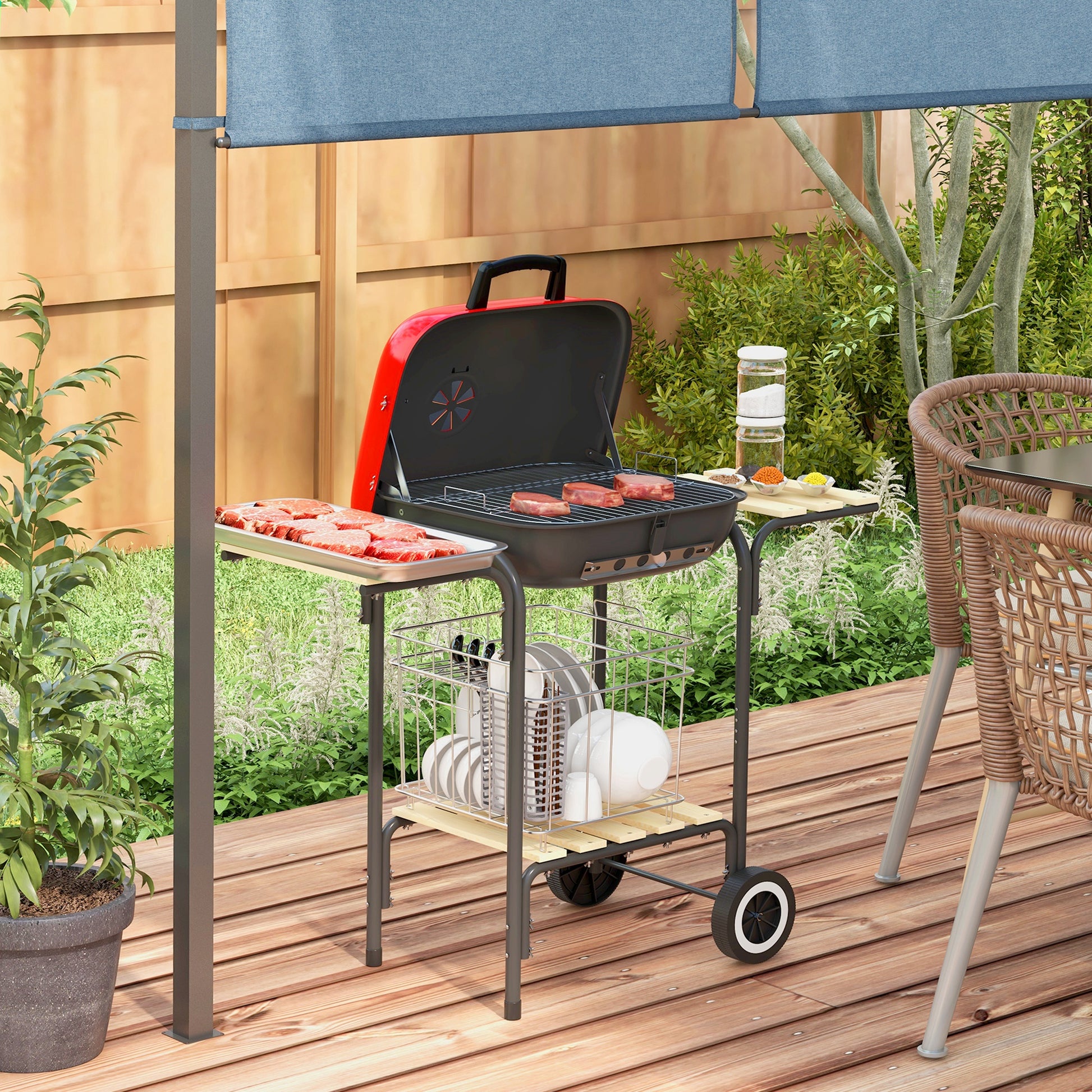 Outsunny 17" Portable Charcoal Grill With Wheels, 2 Side Tables And Bottom Shelf, Bbq With Adjustable Vents On Lid For Picnic, Camping, Backyard, Cooking, Red Red Steel
