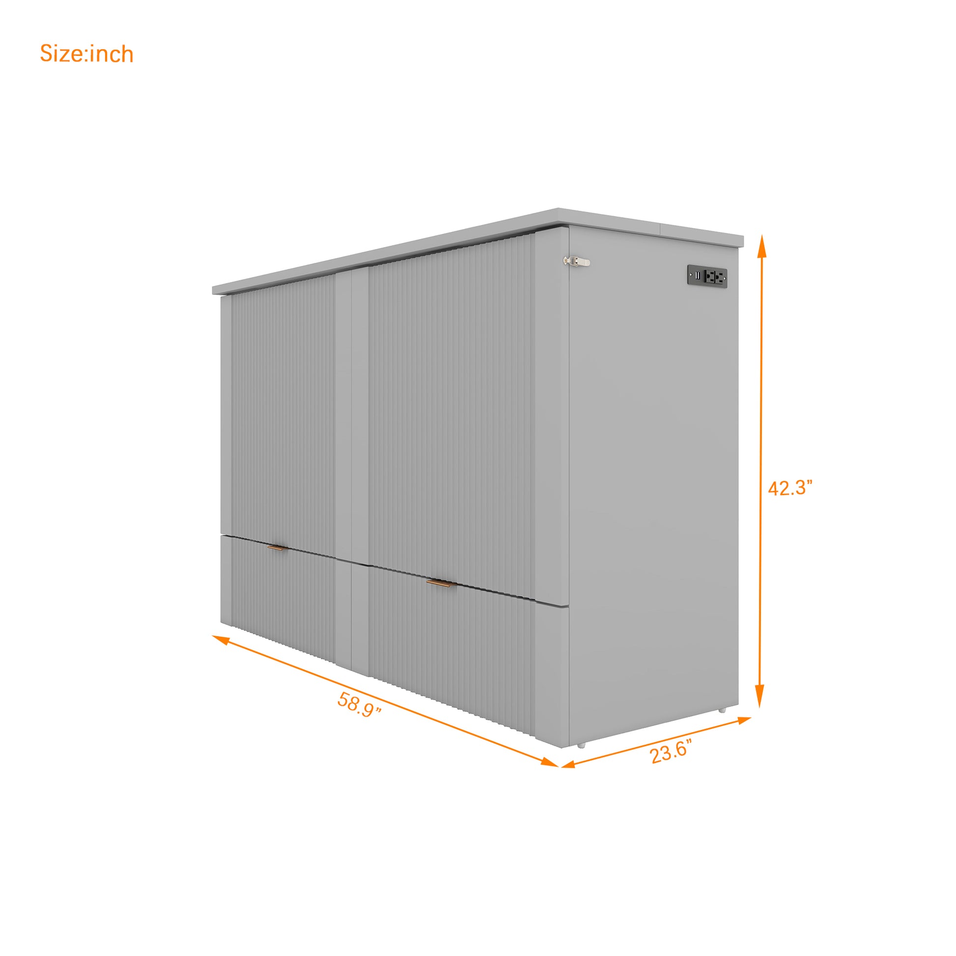 Full Size Murphy Bed With Drawer And A Set Of Sockets & Usb Ports, Pulley Structure Design, Gray Full Gray Plywood
