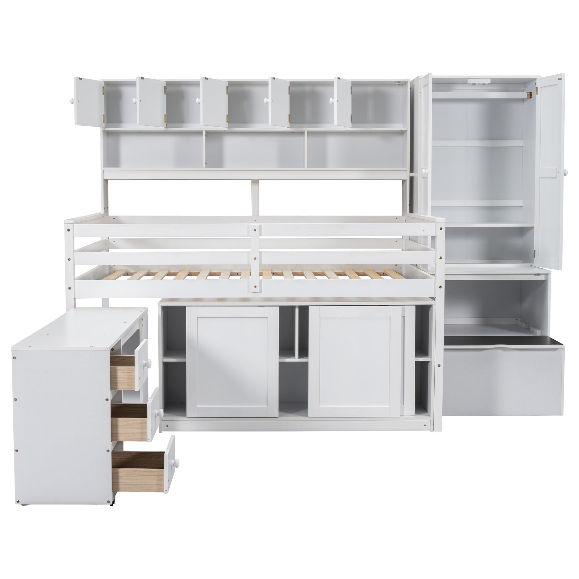 Full Size Wooden Loft Bed Big Storage With Under Bed Desk, With Drawers, With Shelves, White Full White Plywood
