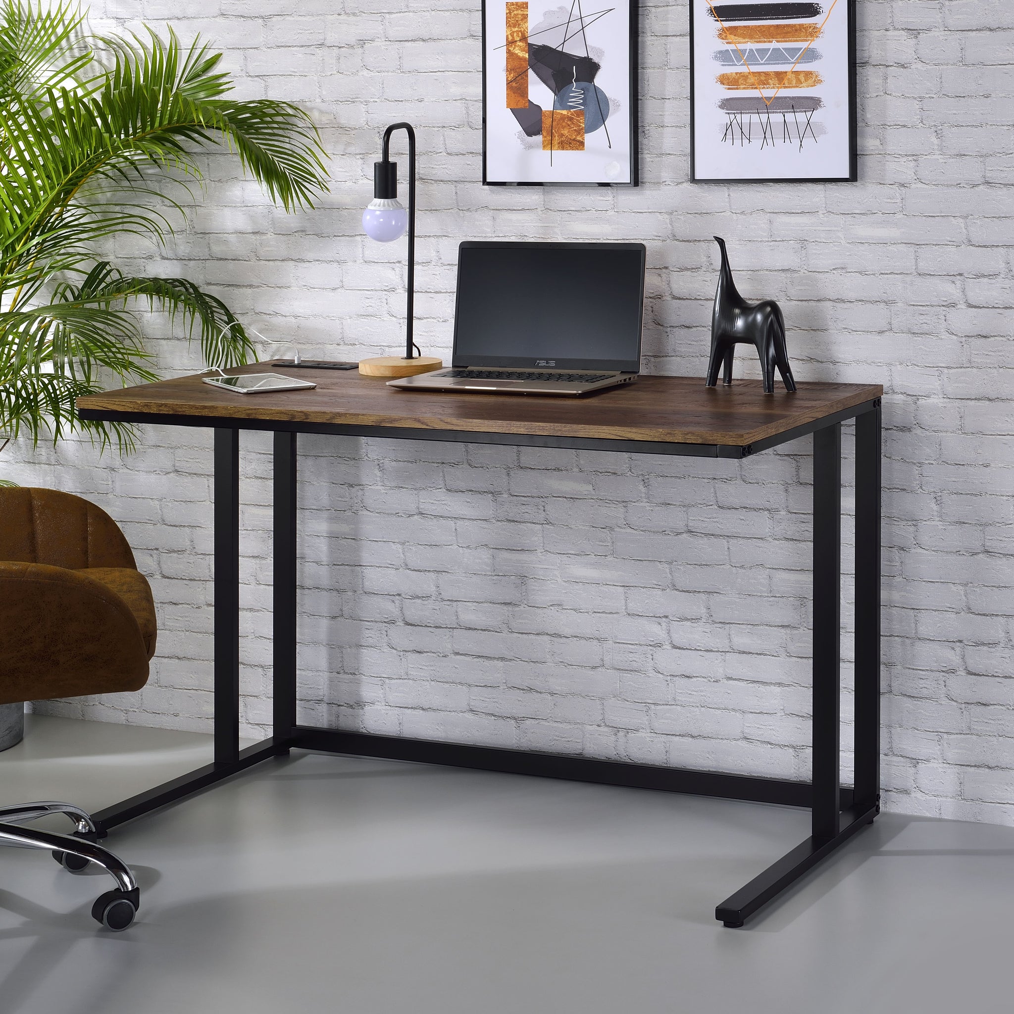 Tyrese Walnut & Black Finish Writing Desk W Usb Black,Walnut Metal,Synthetic Wood