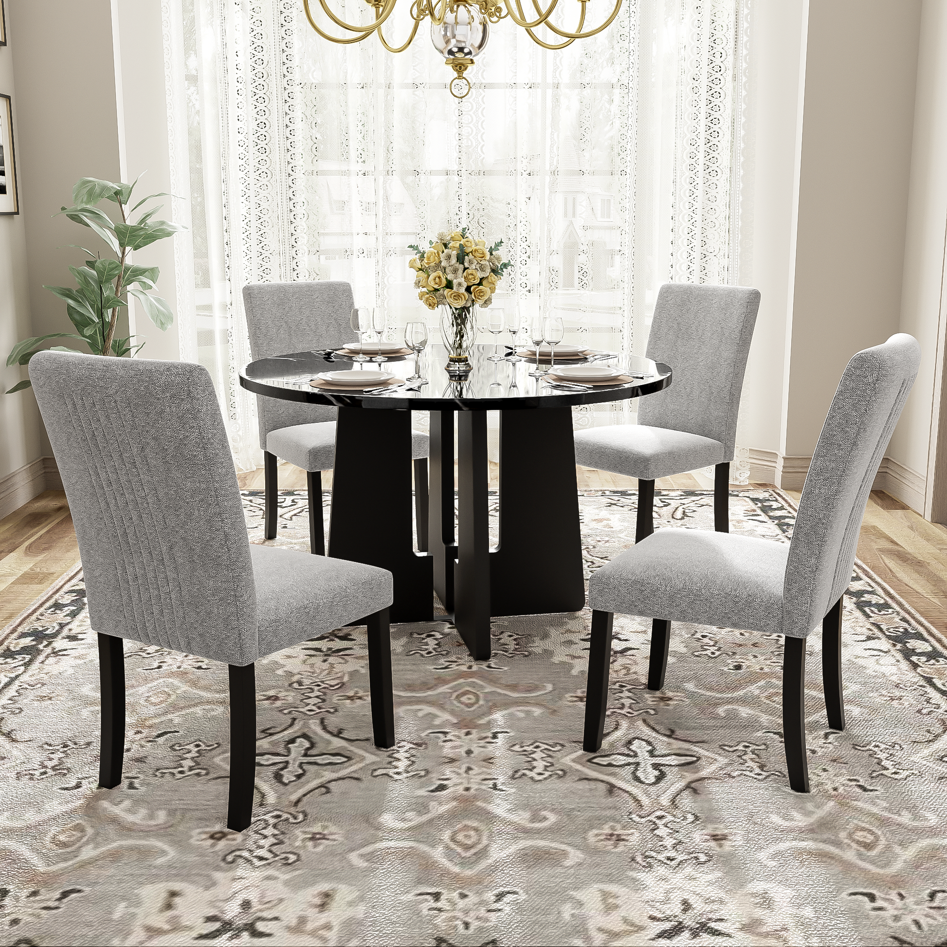 5 Piece Round Dining Table Set, 43 Inch Modern Dining Table And 4 Upholstered Chairs For Dining Room, Kitchen Room, Living Room, Easy Assembly Upholstered Chair Grey Black Dining Room American Design,Farmhouse,Mid Century Modern,Modern Round Round Fabric