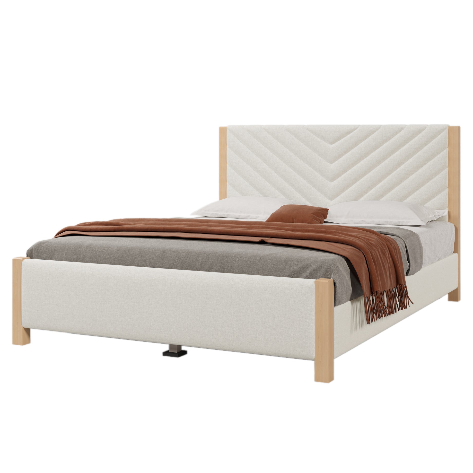 Modern Mid Century Queen Upholstered Platform Bed Frame With Tufted Headboard And Solid Wood Legs,No Box Spring Needed,Beige Box Spring Not Required Queen Beige Wood Bedroom Mid Century Modern,Modern Bed Frame Linen Wood