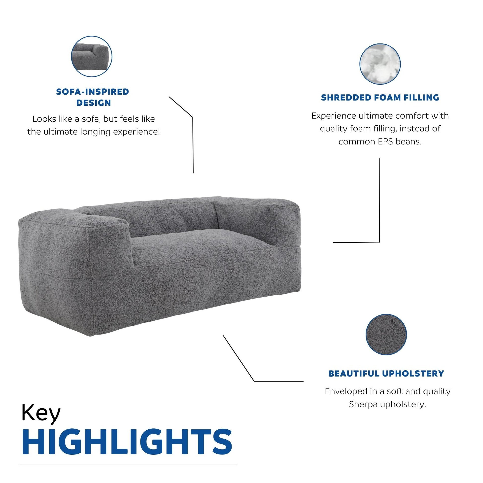 71" Large Memory Foam Bean Bag Sofa With Armrest, Living Room Plush Lounger Chair For Kids, Teen, And Adults, Gray Gray Polyester Primary Living Space Soft Contemporary Square Arms Memory Foam Polyester