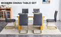 Table And Chair Set.Large Modern Rectangular Table With 0.4 Inch Patterned Glass Tabletop And Large Mdf Table Legs.Comes With 6 Chairs With Faux Leather Cushioned Seats And Golden Metal Legs. Gold White Seats 6 Mdf Glass