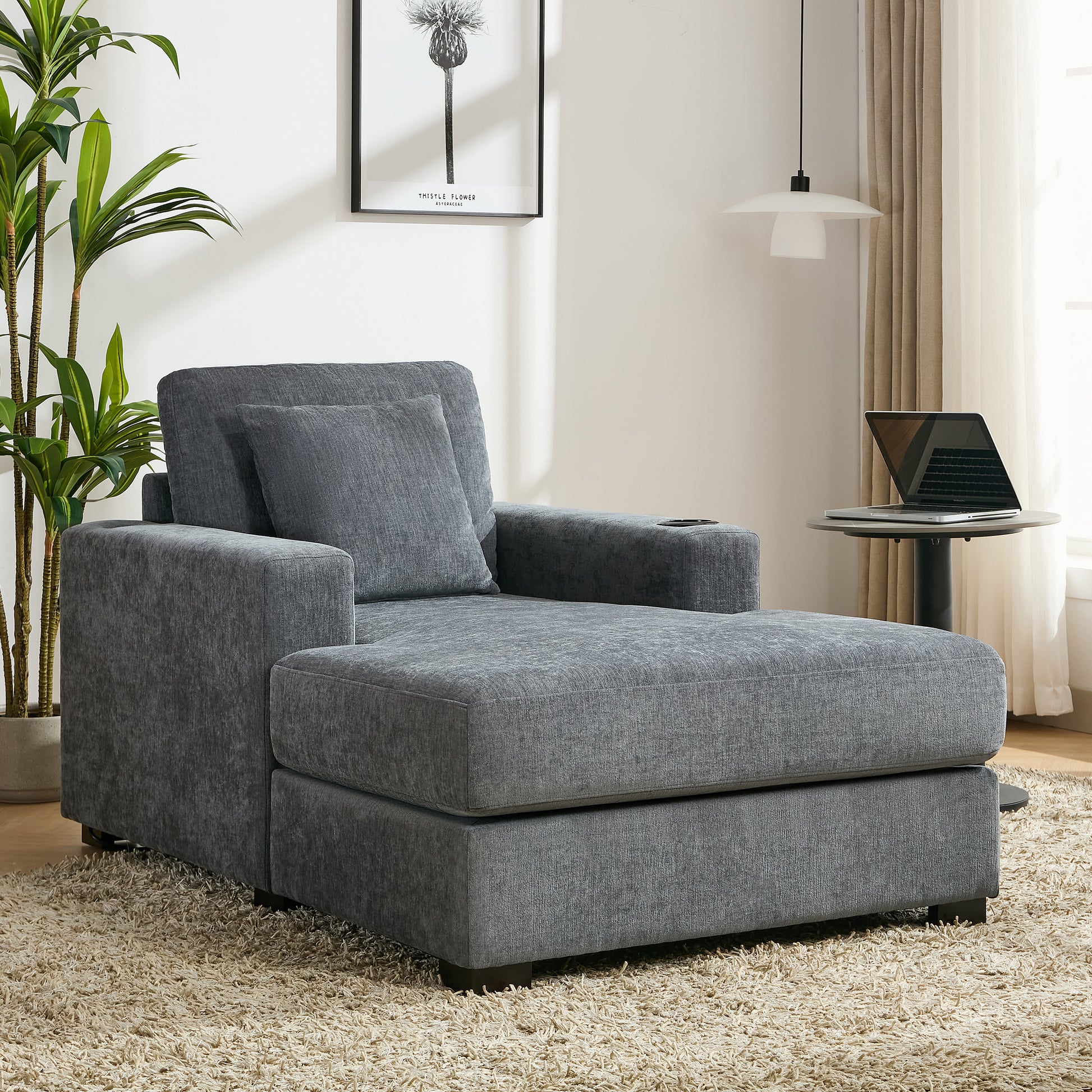 39.7" Oversized Chaise Lounger Modern Style Sofa Couch ,With Pillows, Charge Station & Cup Holders, Chenille Fabric, Blue Gray Blue Gray Chenille