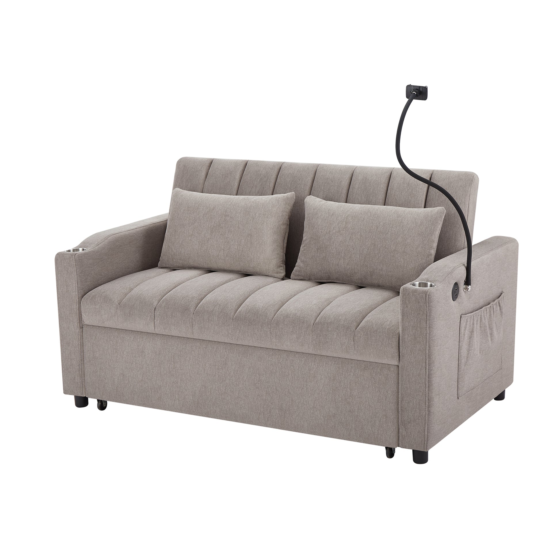55.9" Convertible Sofa Bed Loveseat Sofa With Three Usb Ports, Two Side Pockets, Two Cup Holders And 360 Swivel Phone Holder For Living Room, Light Grey Light Grey Foam Polyester