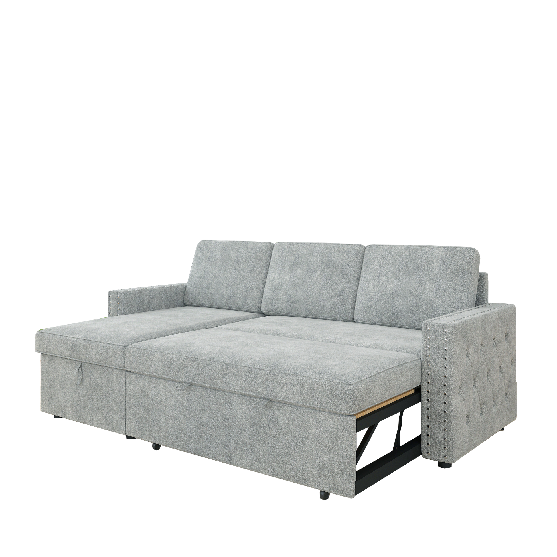 85 Inches Sofa Bed, 3 Seater Sleeper Sofa With Storage Chaise, Square Handrail With Pull And Copper Nail,Chenille Light Grey, Pull Out Couch For Living Room Light Grey Chenille 3 Seat