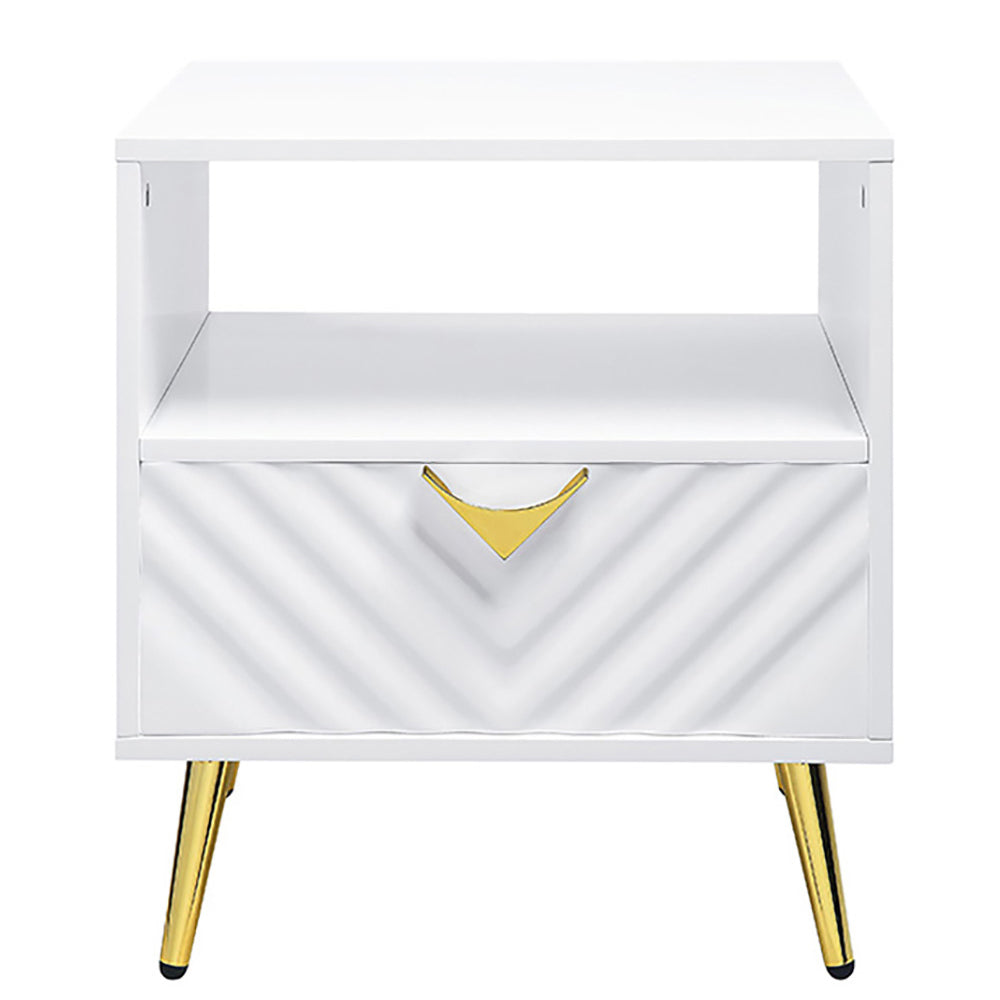 White High Gloss End Table With Shelf White Primary Living Space Mid Century Modern Drawers Rectangular Wood Metal