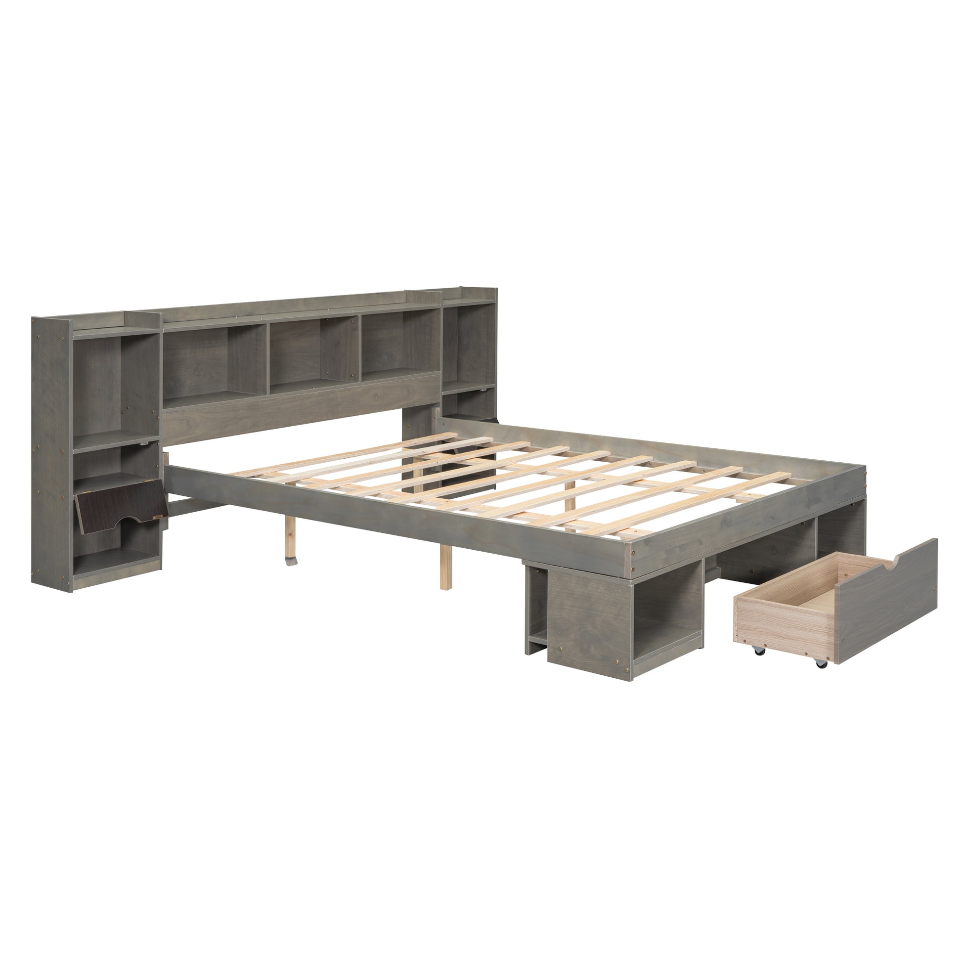 Queen Size Wood Platform Bed With Multi Storage Headboard And A Drawer, Gray Box Spring Not Required Queen Gray Wood Bedroom Bed Frame Solid Wood Mdf