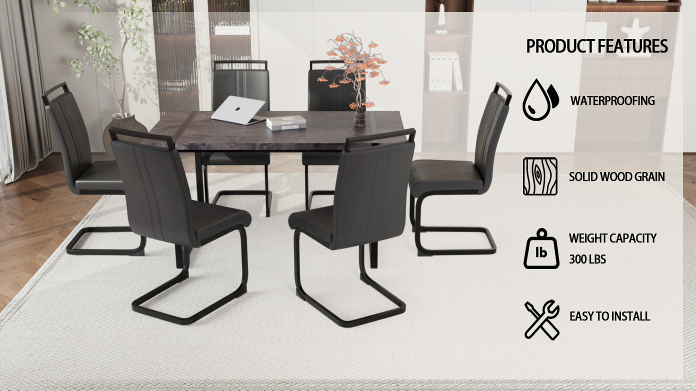 59 "Rural Industrial Rectangular Mdf Black Dining Table Set And Pu Armless Dining Chair Set, 6 Pieces. Kitchen Black Metal Table Leg Dining Chair Set Black Mdf