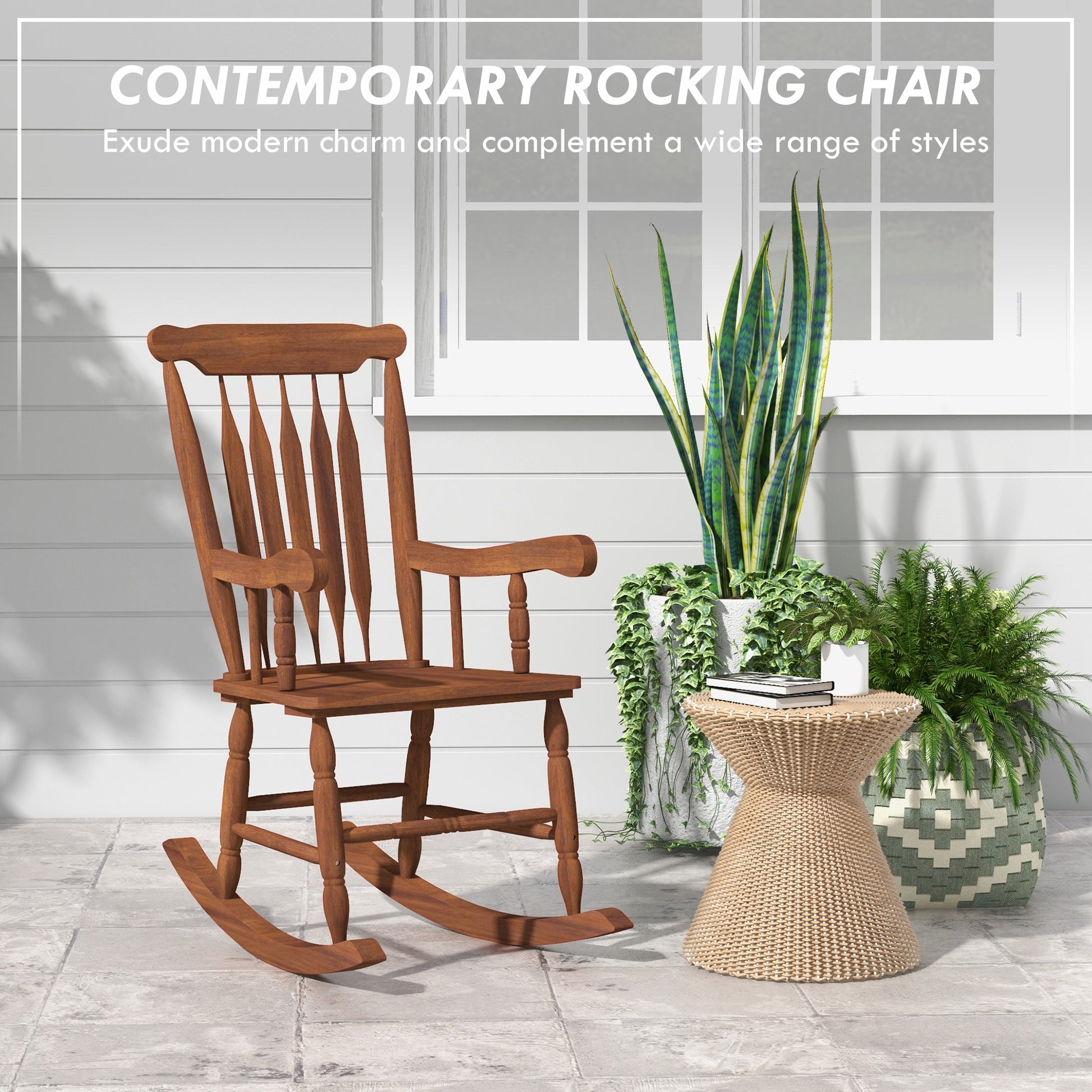 Outsunny Outdoor Wood Rocking Chair, 350 Lbs. Porch Rocker With High Back For Garden, Patio, Balcony, Teak Natural Wood