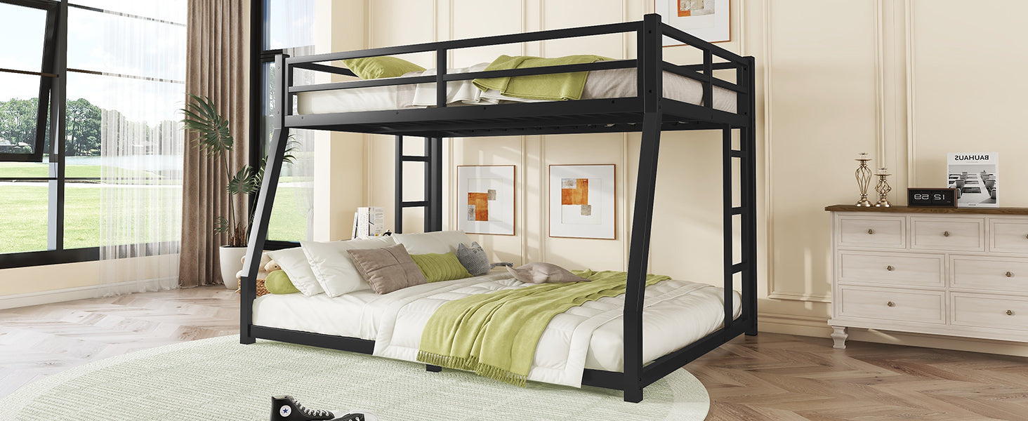Metal Full Xl Over Queen Bunk Bed For Teens And Adults,Space Saving Noise Reduced No Box Spring Needed, Black Full Xl Black Metal