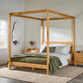 Modern Minimalist Boho Queen Canopy Bedframe Natural Pine Queen Natural Wood Pine Pine