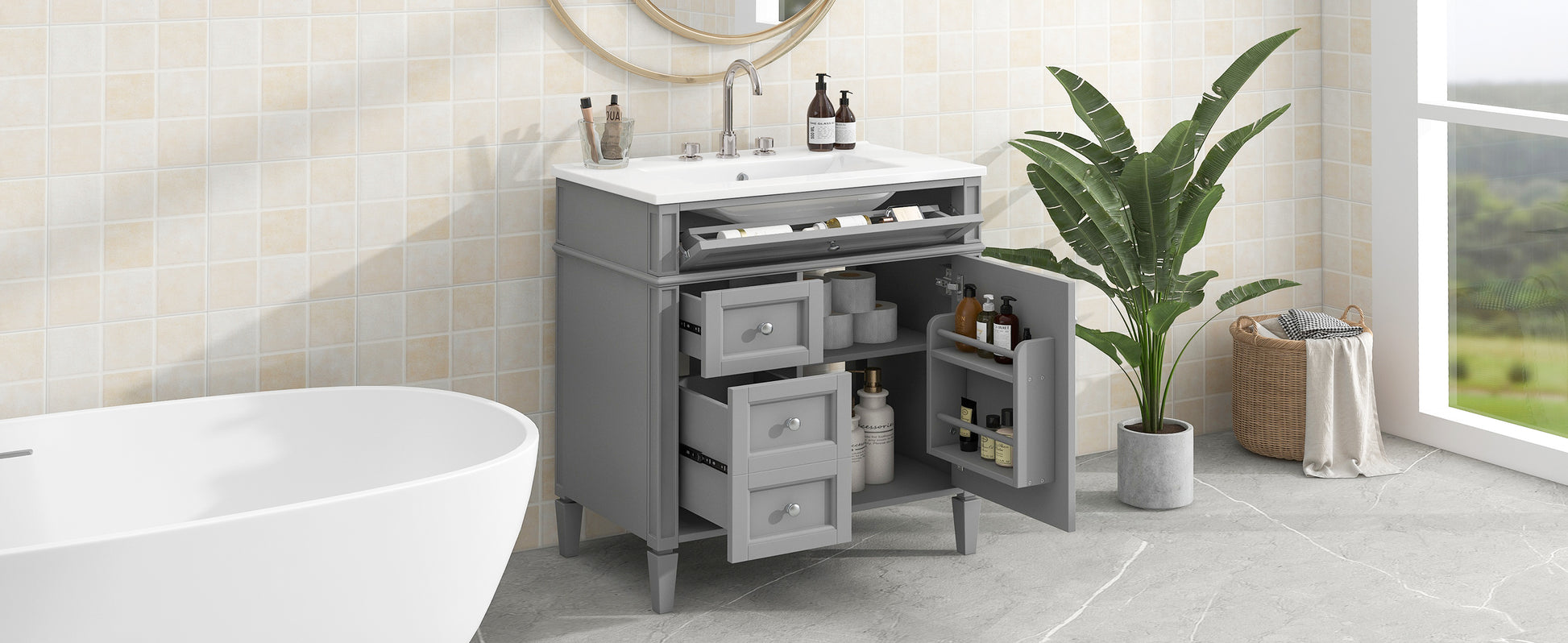 30'' Bathroom Vanity With Top Sink, Modern Bathroom Storage Cabinet With 2 Drawers And A Tip Out Drawer, Single Sink Bathroom Vanity Grey Modern Mdf Ceramic,Solid Wood Mdf