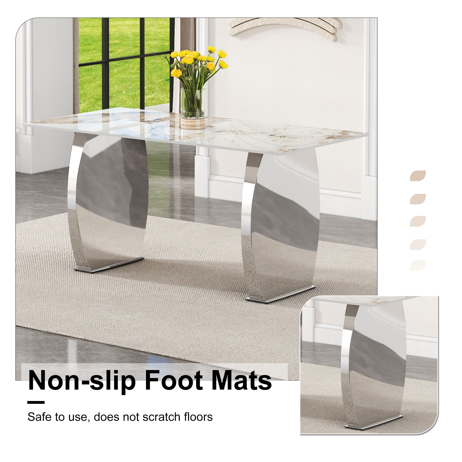 Modern Rectangular Dining Table, Imitation Marbled Rock Plate Table Top, Stainless Steel Table Legs, Suitable For Kitchen, Dining Room, Living Room 63 Inches * 31.4 Inches. Silver Sintered Stone