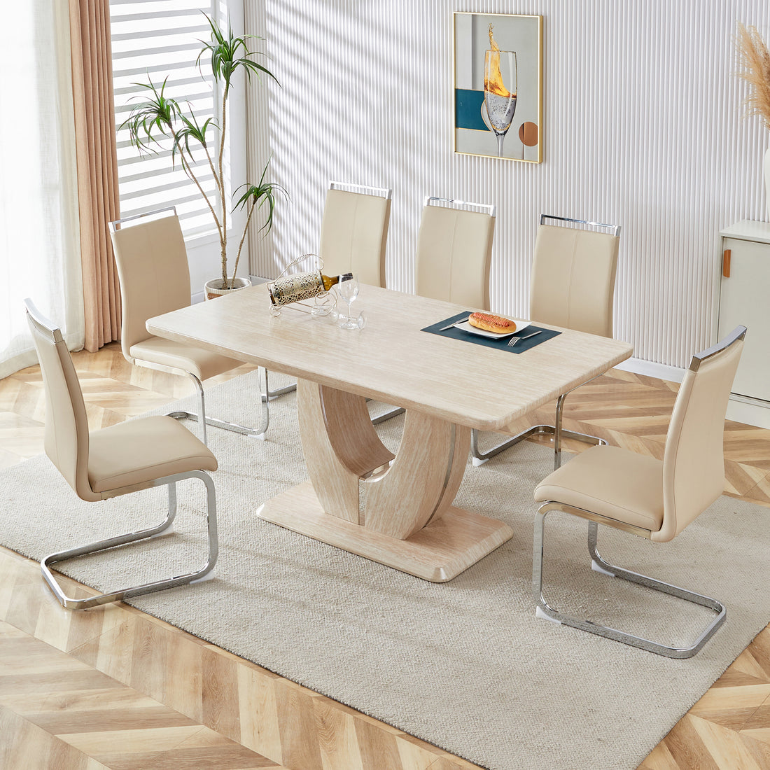 Table And Chair Set.Modern Minimalist Luxury Mdf Rectangular Dining Table With Light Yellow Textured Stickers On The Table, 6 Pu Synthetic Leather High Backrest Soft Cushioned Side Chairs. Light Yellow Seats 6 Mdf