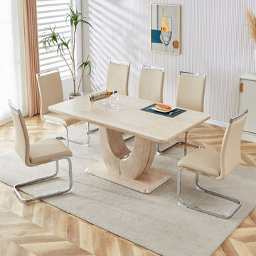 Table And Chair Set.Modern Minimalist Luxury Mdf Rectangular Dining Table With Light Yellow Textured Stickers On The Table, 6 Pu Synthetic Leather High Backrest Soft Cushioned Side Chairs. Light Yellow Seats 6 Mdf