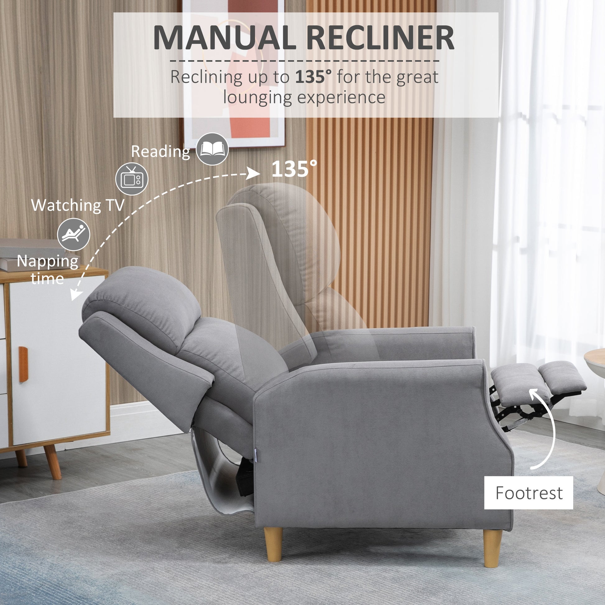 Homcom Manual Recliner Chair With Footrest, Contemporary For Living Room Light Grey Linen