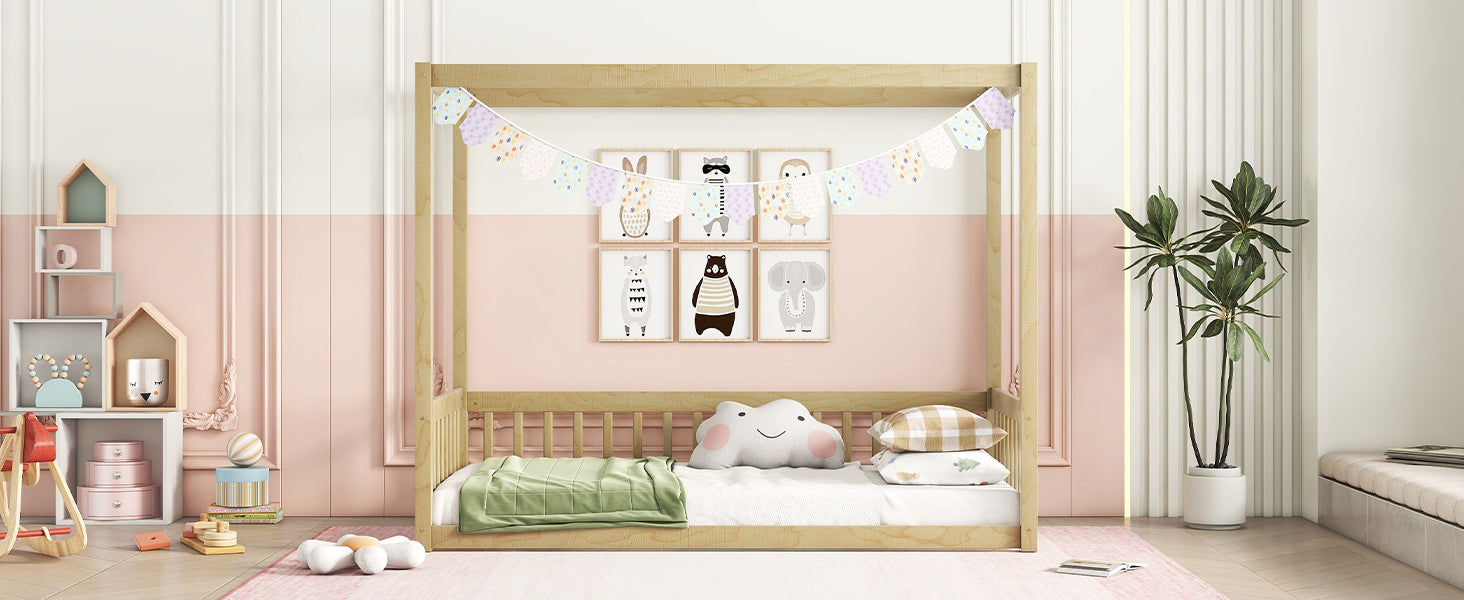 Twin Size Canopy Frame Floor Bed With Fence, Guardrails,Natural Twin Natural American Design Pine