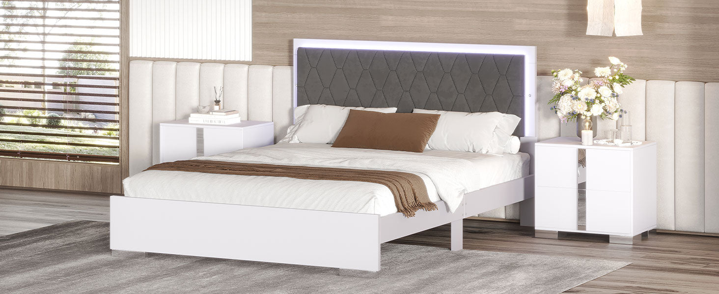 Queen Size Upholstered Bed With Led Light,Modern Platform Bed With With Velvet Headboard,White Queen White Mdf
