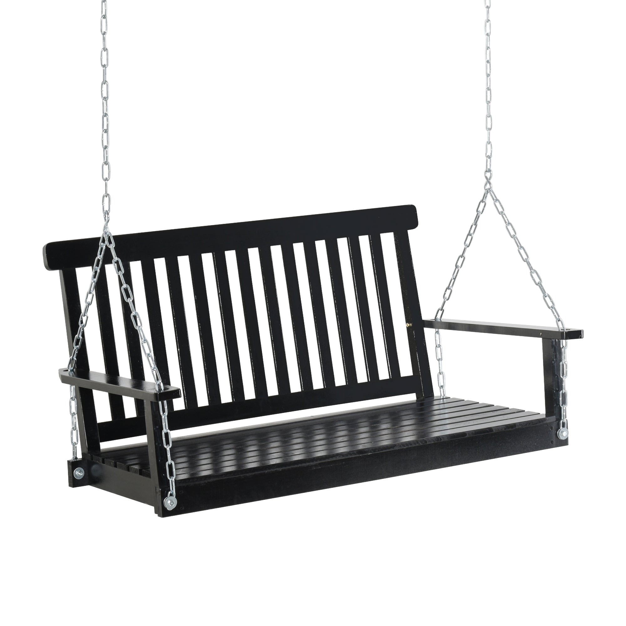 Outsunny 2 Seater Hanging Porch Swing Outdoor Patio Swing Chair Seat With Slatted Build And Chains, 440Lbs Weight Capacity, Black Black Wood