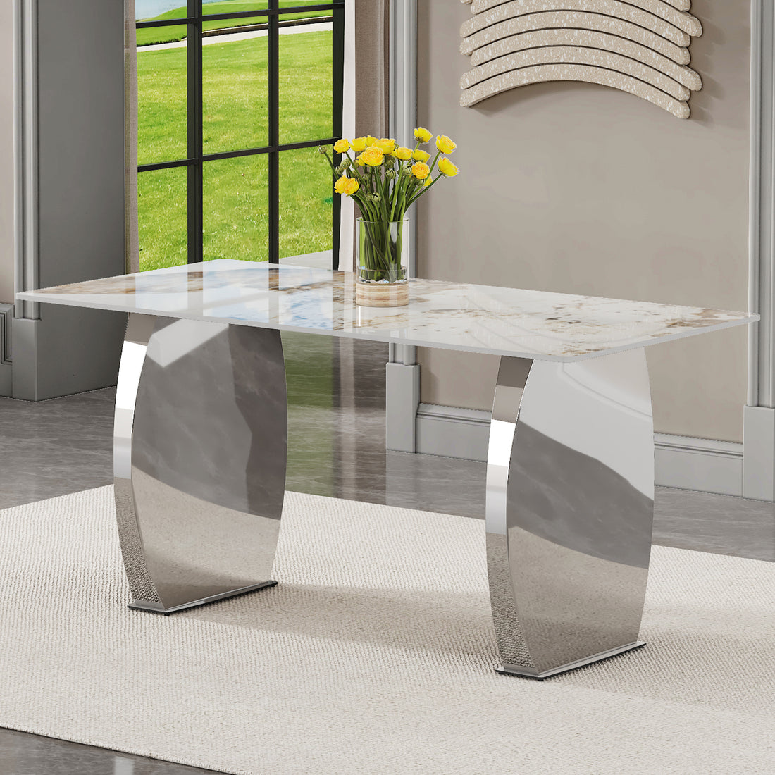 Modern Rectangular Dining Table, Imitation Marbled Rock Plate Table Top, Stainless Steel Table Legs, Suitable For Kitchen, Dining Room, Living Room 63 Inches * 31.4 Inches. Silver Sintered Stone