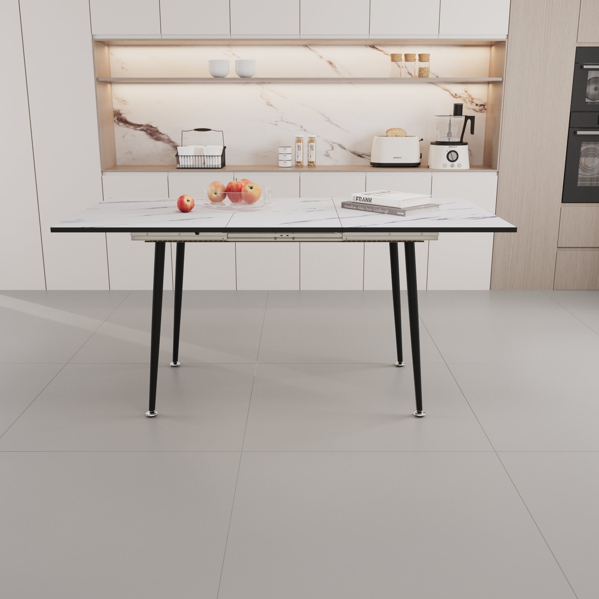 63" Mdf Square White Marble Pattern Stretchable Dining Table, Modern Industrial Kitchen And Dining Table, Equipped With Tapered Black Metal Legs White Mdf