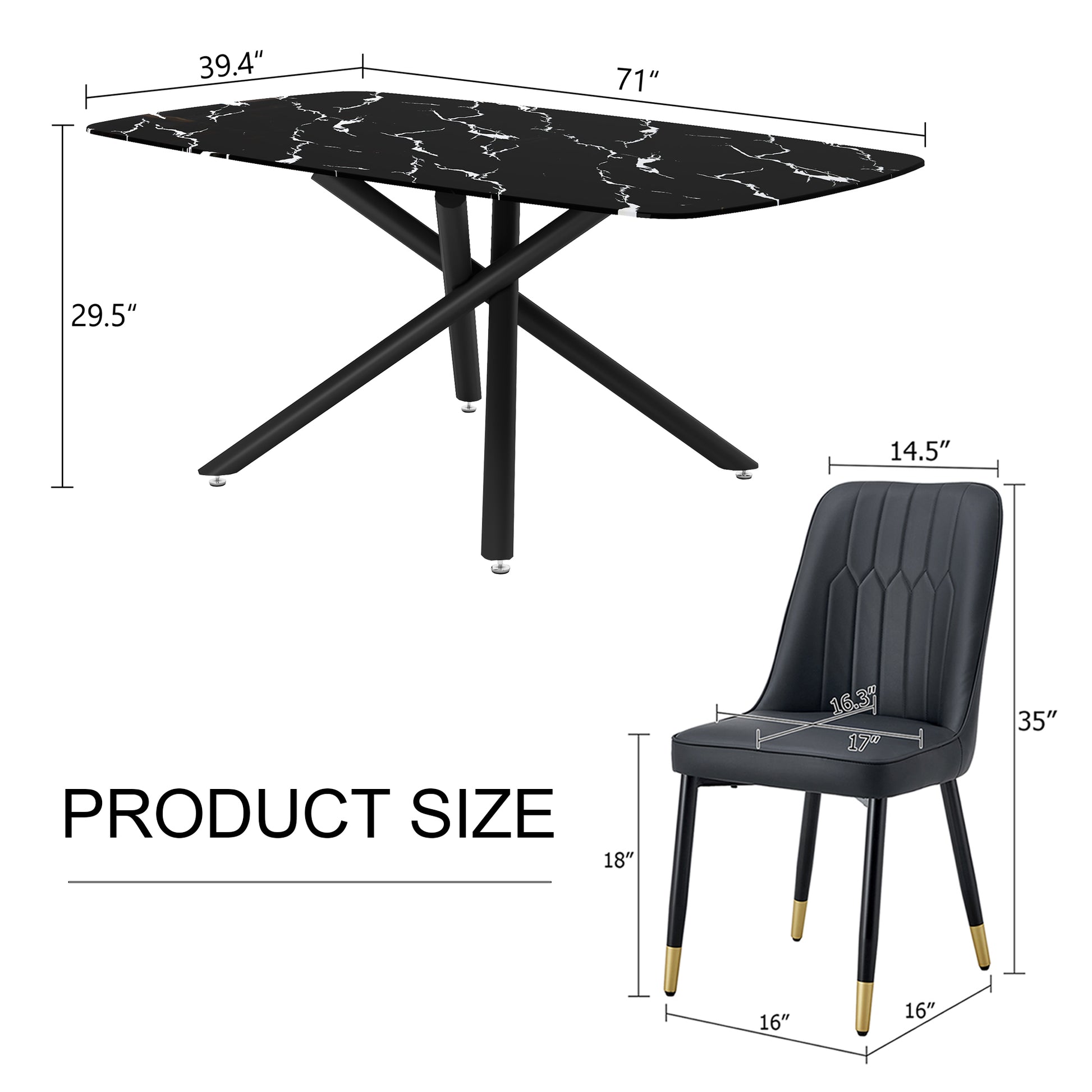 1 Table And 8 Chairs Set.A Rectangular Dining Table With A Imitation Marble Black Table Top And Black Metal Legs.Paired With 8 Chairs With Pu Leather Seat Cushion And Black Metal Legs.F 1537,C 007 Black Glass Metal
