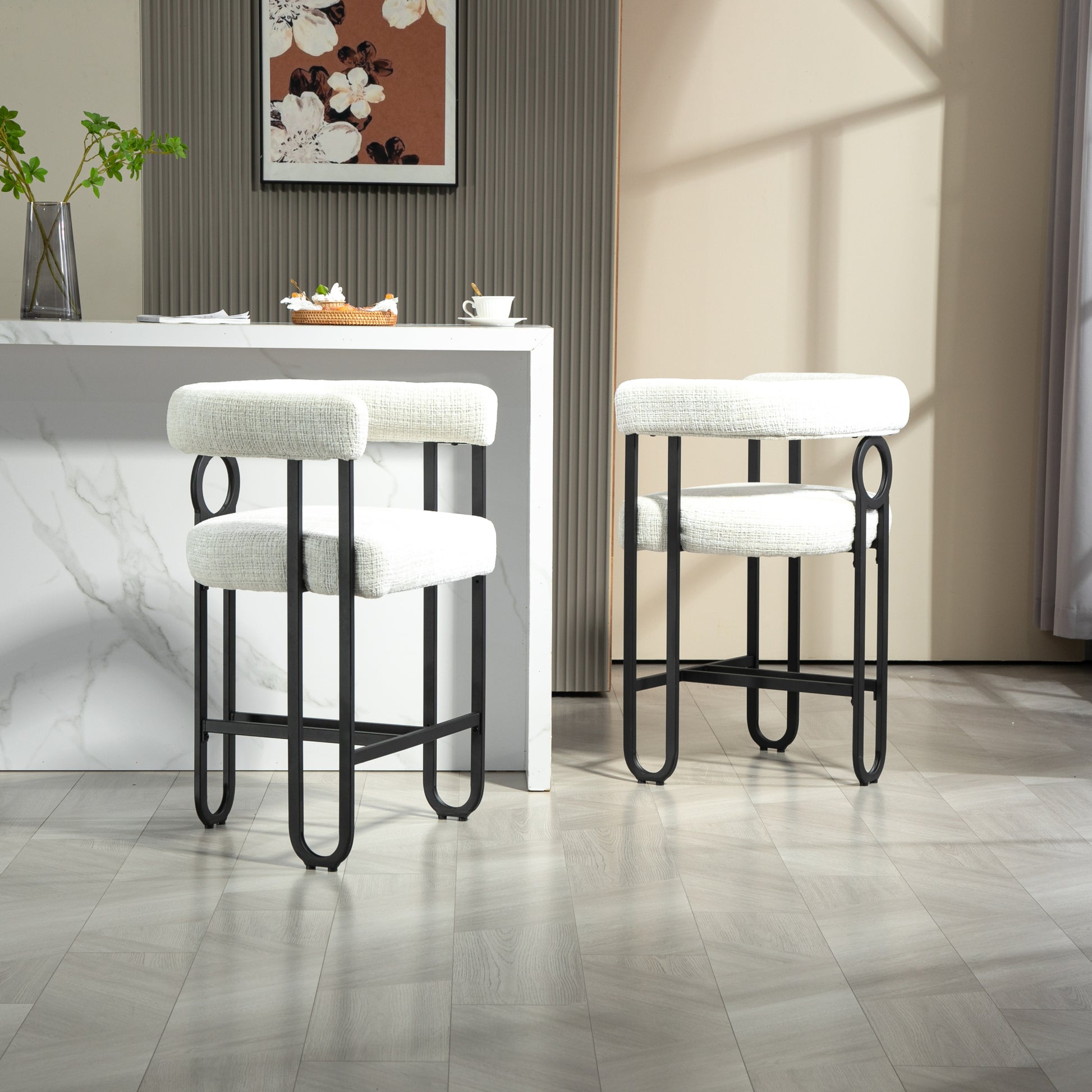 Coolmore Bar Stools Set Of 2, Modern Bar Stool With Back, Black Metal Frames, Upholstered Bar Stools For Kitchen Island, Pub, Club Beige Chenille Beige Dining Room Foam Chenille