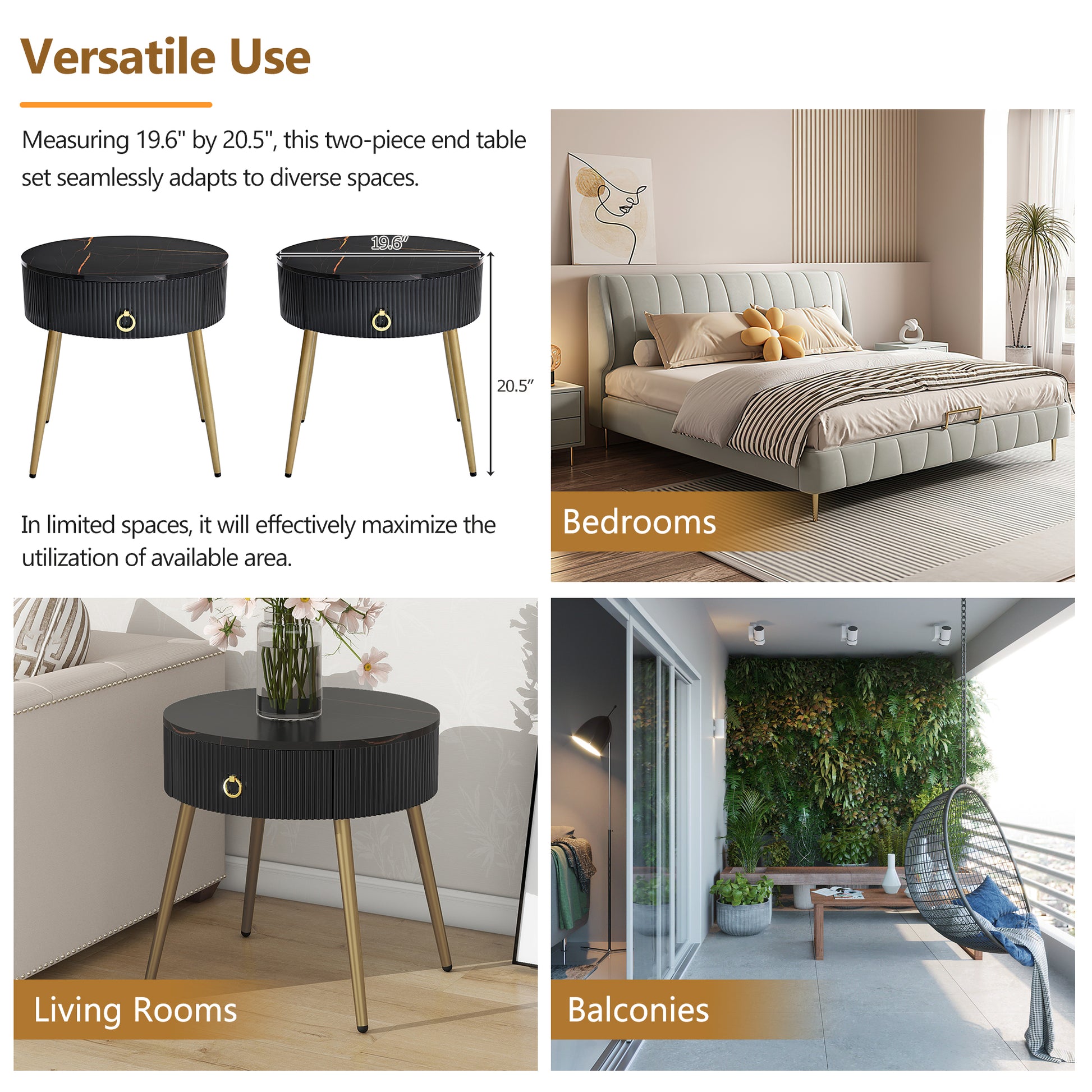 19.6'' Easy Assembly End Tables With High Gloss Faux Marble Tabletops, Set Of 2, Modern Fluted 2 Side Tables With Drawers, Round Coffee Tables With Golden Legs For Living Room, Black Black Gold Primary Living Space Drawers Round Mdf Iron